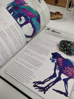 An open selection of the hardcover book, featuring two creatures: the Gylchu, a neon, fungus-infested deer with the face of a woman, and the Urpine, a skeletal bear covered in vines. Its ribcage is stuffed with dead leaves.
