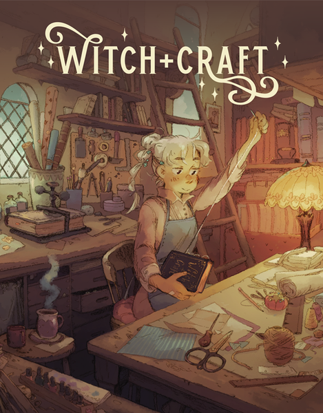 A young human witch with ash-blond hair works at a bench in a warm workshop, stitching up the spine of the book. The title reads: "WITCH+CRAFT"